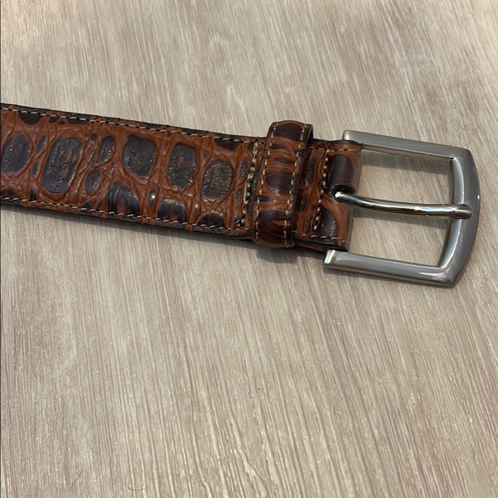 Brown Crocodile Embossed Leather Belt with Silver Buckle